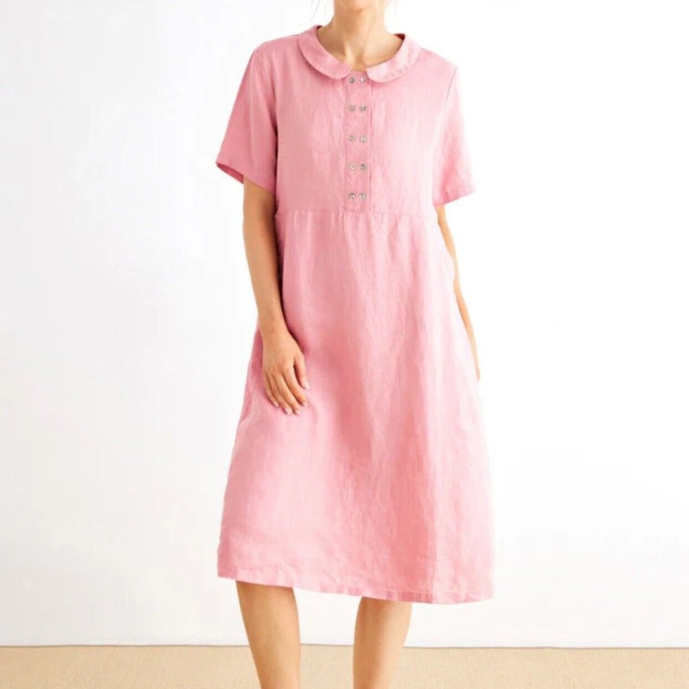 Grae Cove NWT Poppy 100% Linen Pink Midi Peter Pan Collar Dress Size XL
